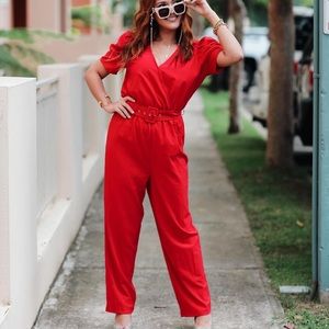 Red Belted Jumpsuit with Puff Sleeves